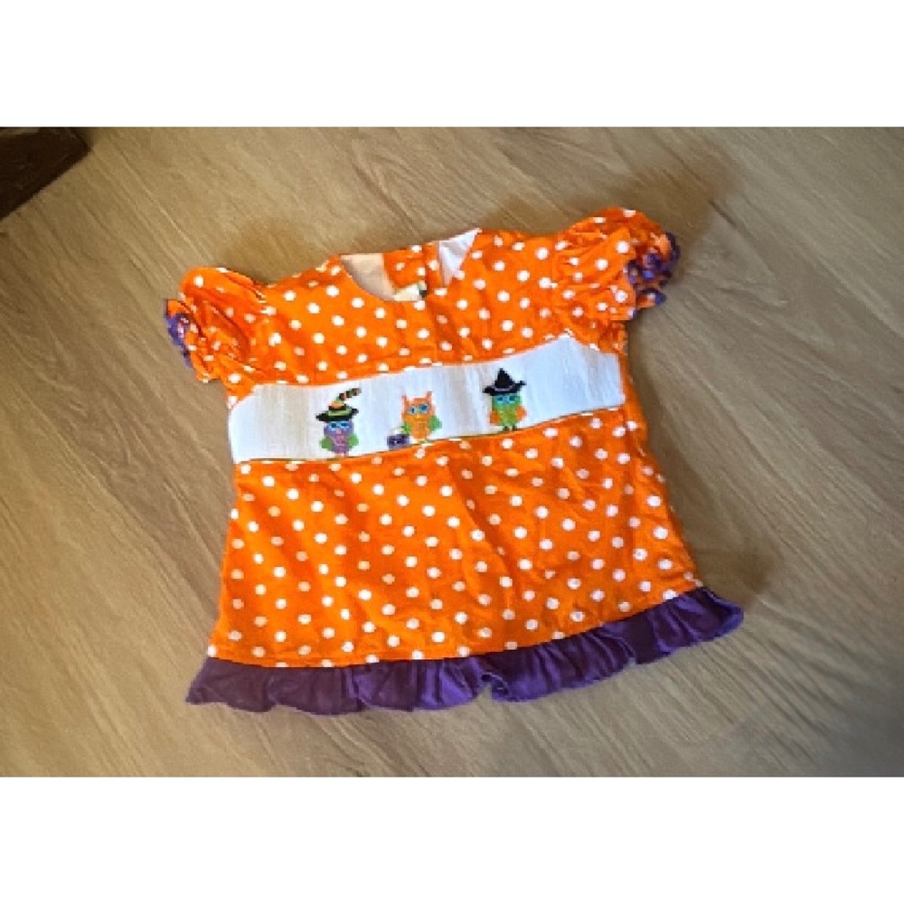 Stellybelly Girls Halloween Owl Smocked Tunic Top Orange Polka Dot Ruffle Hem